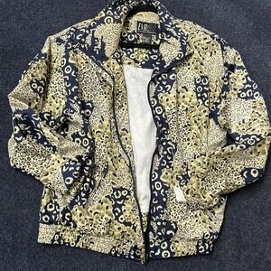 EVR Jacket Womens Medium Blue Tan Animal Print Zip Up Bomber Lightweight Retro